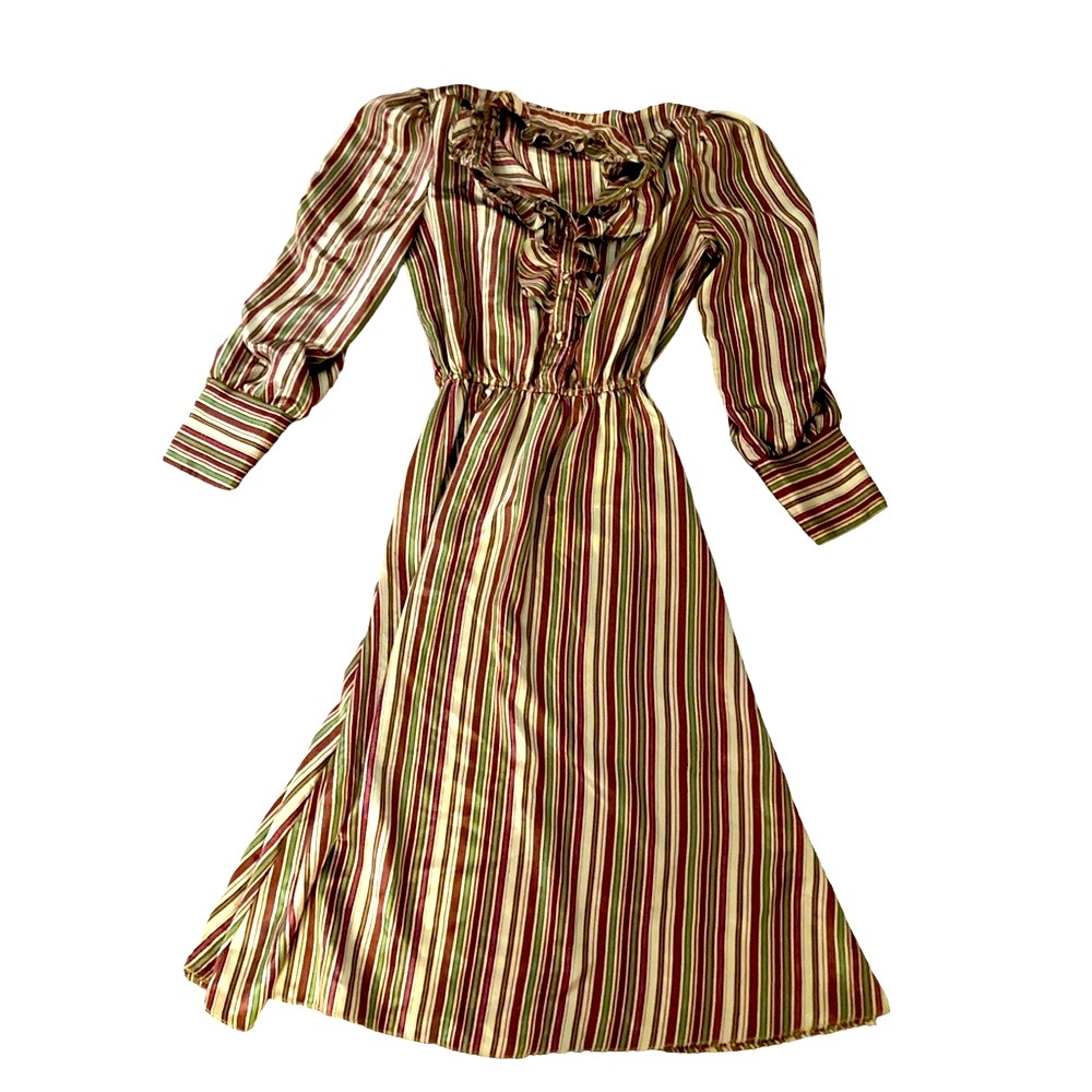 Vintage Puff Sleeve Ruffled Midi Striped Dress-SO GREAT!